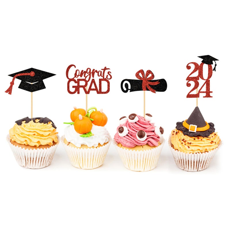 Moffris Graduation Decorations 2025-24Pcs Red Glitter 2025 Graduation Cupcake Toppers for Class of 2025 Party Decorations - Image 2